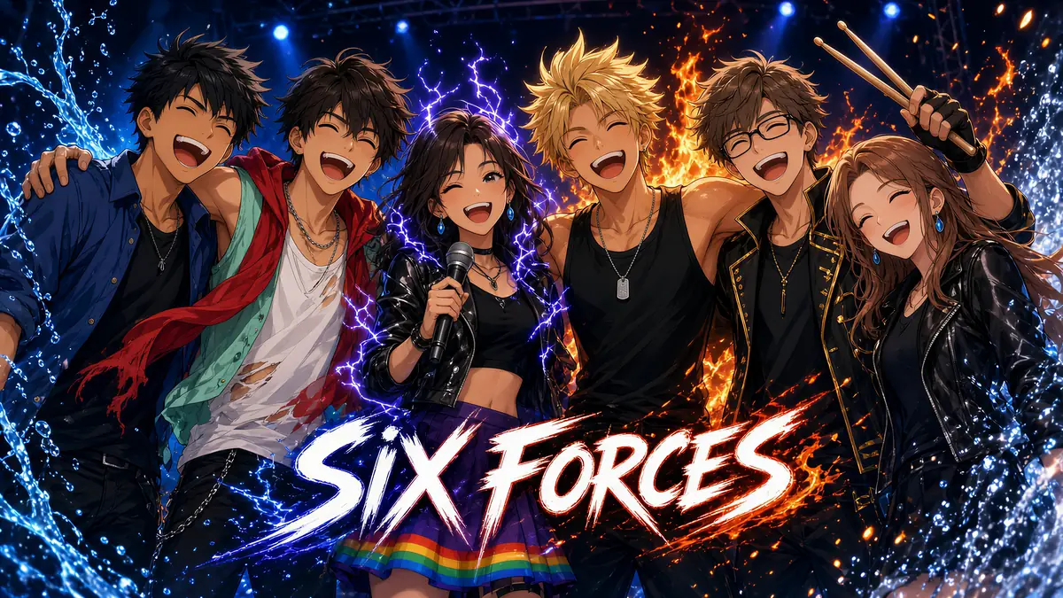 The six members of Six Forces, David, Lee, May, Edward, Edgar and Lara, laughing arm in arm on a concert stage under the Six Forces logo, with water, lightning, fire and ice effects around them