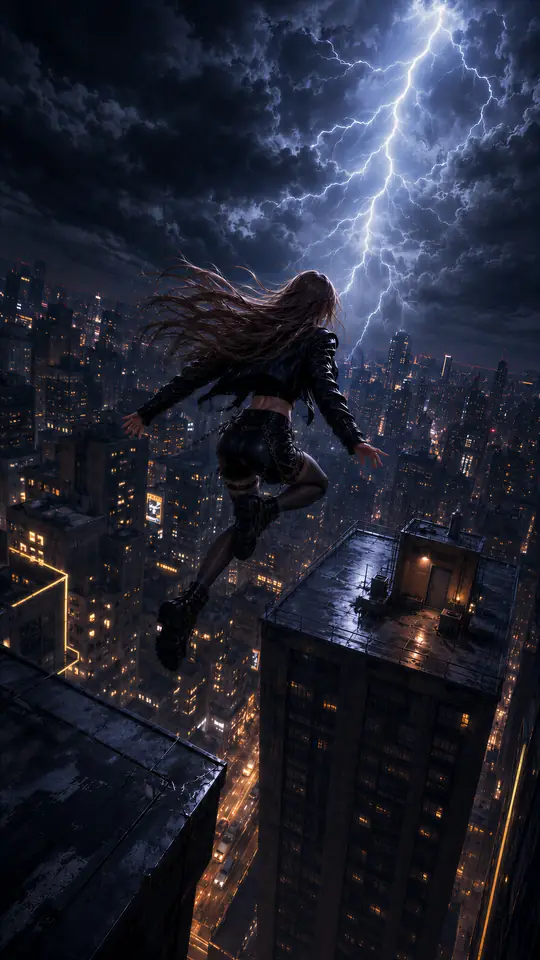 A young woman leaping between skyscrapers at night as lightning splits the sky