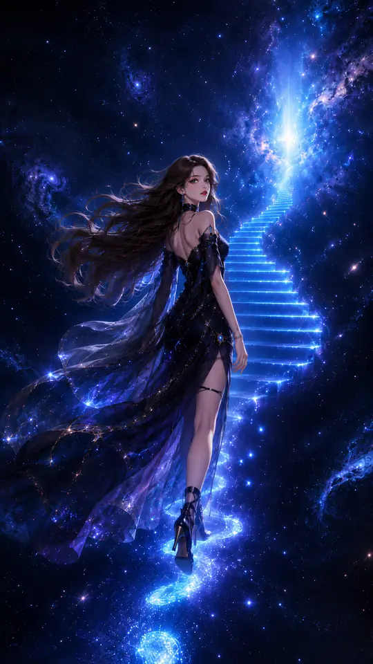 A woman in a flowing dark gown climbing a glowing staircase into a blue galaxy