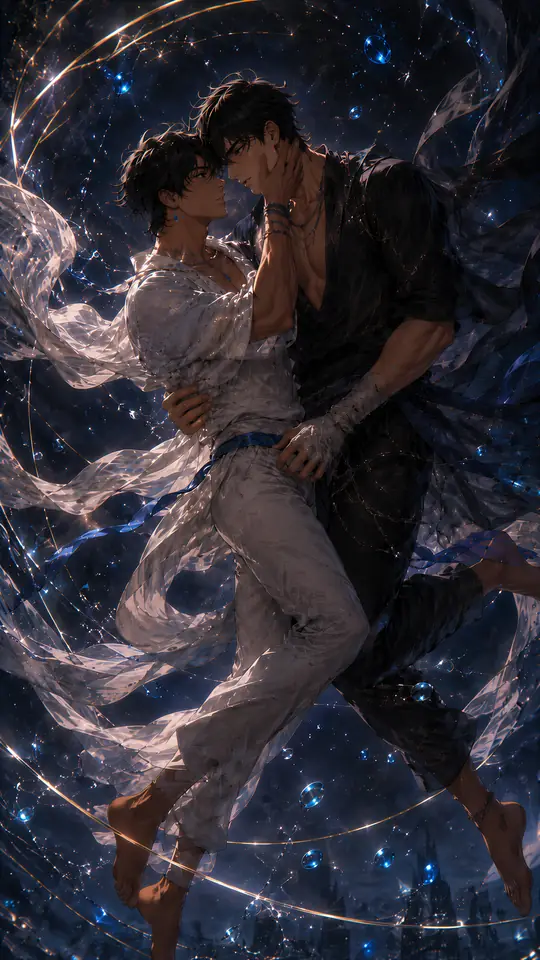 Center of My Gravity art: two lovers embracing as they float through a swirl of starlit water and silver light