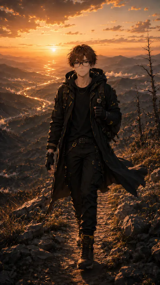 Long Journey art: a young man in a long black coat walking down a mountain trail at sunset
