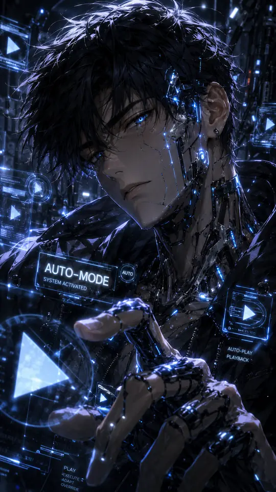 Close-up of a young man surrounded by glowing blue screens and a play button