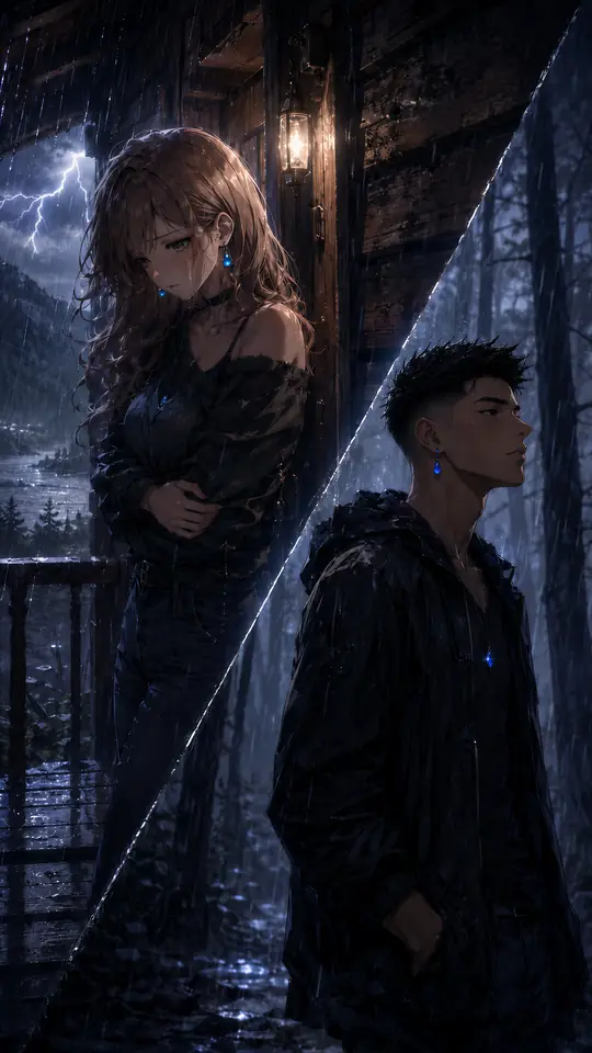 Split image of two figures on rainy balconies at night, divided by a diagonal line