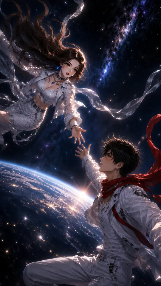 Two astronauts, one in a red scarf, floating hand in hand above a glowing planet