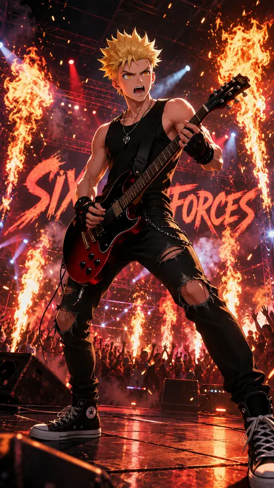Wildfire Hearts art: Edward playing guitar in front of towering flames and a burning Six Forces sign