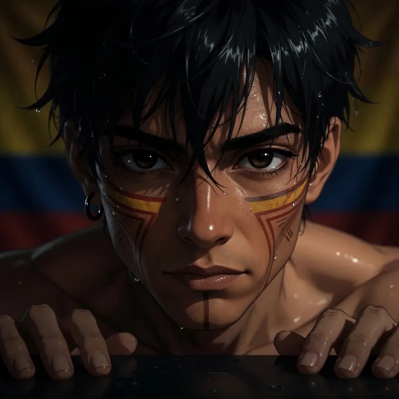 Enamorado de Tus Ojitos cover: close-up of a young man with yellow and red face paint in front of a Colombian flag