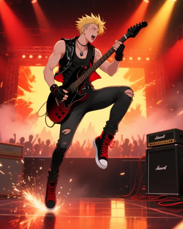 Edward leaping mid-air with his black and red guitar on a blazing red stage