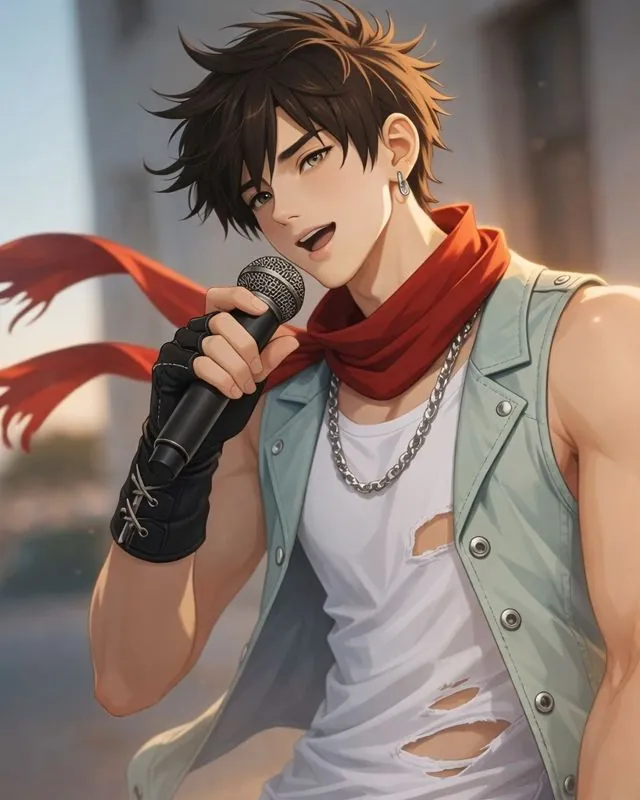 Lee smiling as he sings into a microphone in golden evening light, his red scarf blowing in the wind