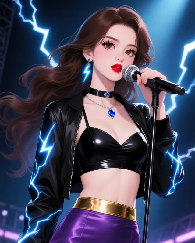May singing into a microphone on stage in a black jacket crackling with blue lightning, red lips and long auburn hair